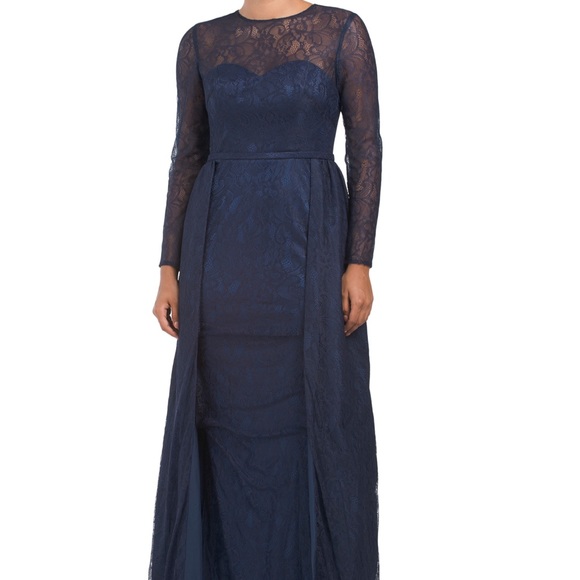 MAC DUGAL LONG SLEEVE LACE OVERSKIRT GOWN NAVY BLUE - Picture 2 of 6